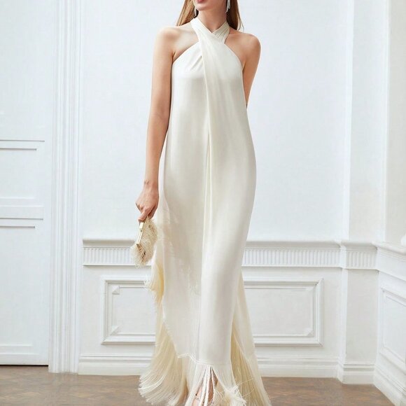 BEIGE PREPPY WOMENS FRINGE HEM CROSS HALTER DRESS - Picture 1 of 5